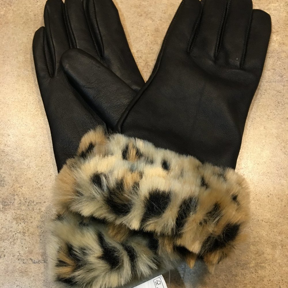 CHARTER CLUB Women Black Leather Glove with Animal Faux Fur Cuff XL